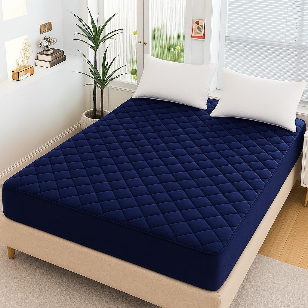 Soft Cotton Quilted 100% Waterproof Fitted Mattress Protector- Navy Blue